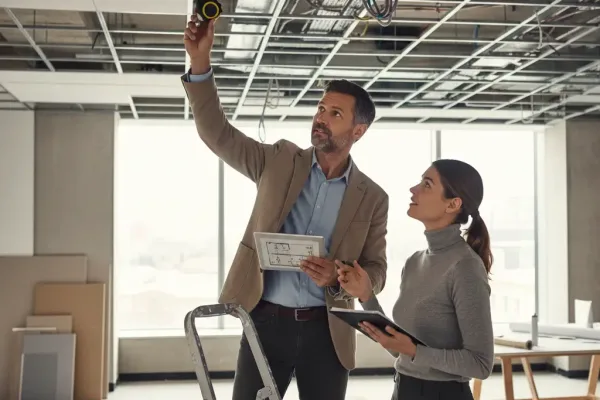 Эксперт анализирует потолок в офисном помещении перед ремонтом