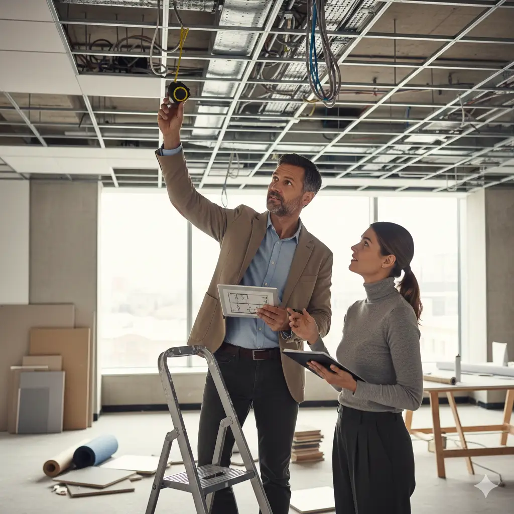 Эксперт анализирует потолок в офисном помещении перед ремонтом