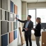 Эксперт по ремонту анализирует стену и подбирает материалы для офисного помещения