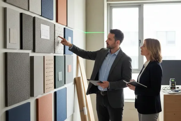 Эксперт по ремонту анализирует стену и подбирает материалы для офисного помещения