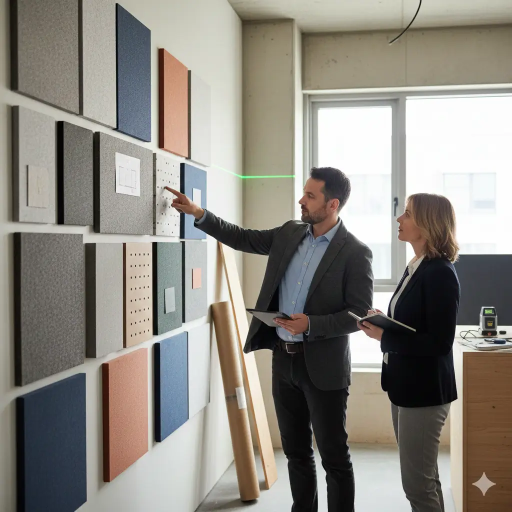 Эксперт по ремонту анализирует стену и подбирает материалы для офисного помещения