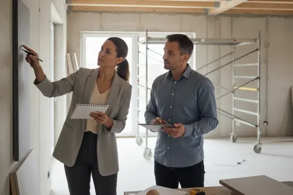 Эксперт оценивает состояние стен перед ремонтом жилья