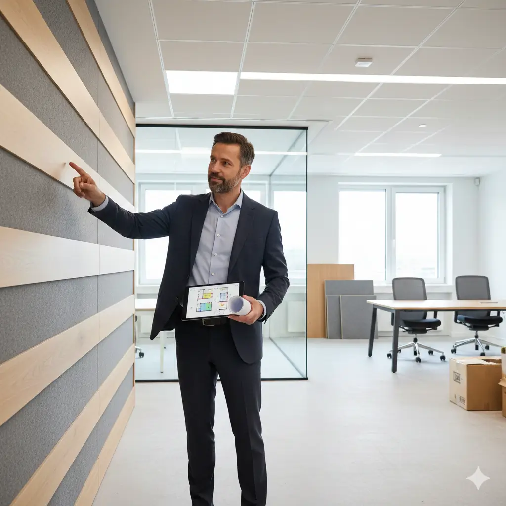 Эксперт демонстрирует результат ремонта помещения