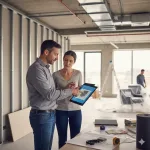 Инженер показывает схему звукоизоляции офисного помещения