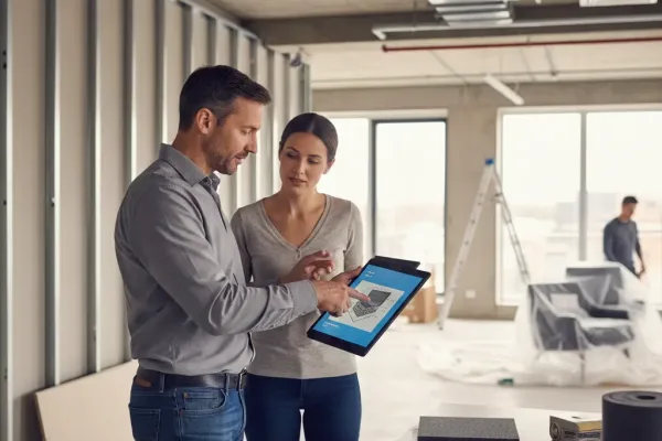 Инженер показывает схему звукоизоляции офисного помещения