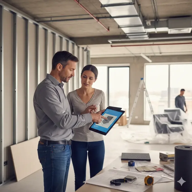 Инженер показывает схему звукоизоляции офисного помещения