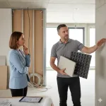 Специалист демонстрирует решение по звукоизоляции офисного пространства