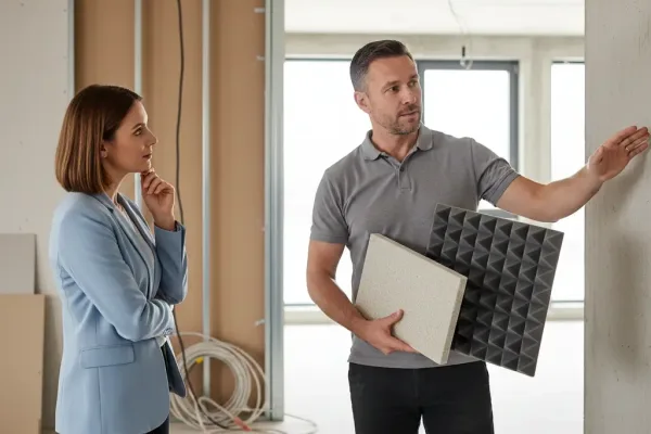 Специалист демонстрирует решение по звукоизоляции офисного пространства