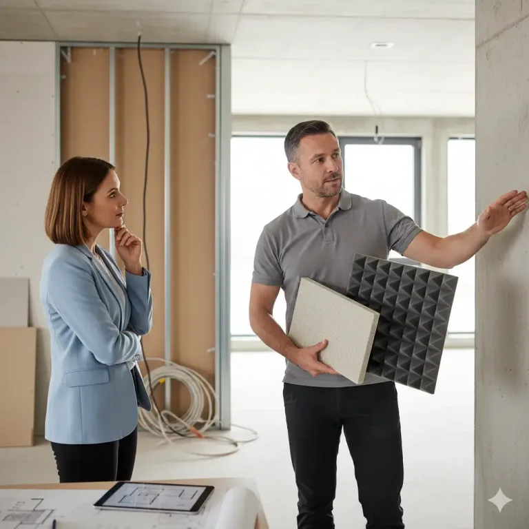 Специалист демонстрирует решение по звукоизоляции офисного пространства